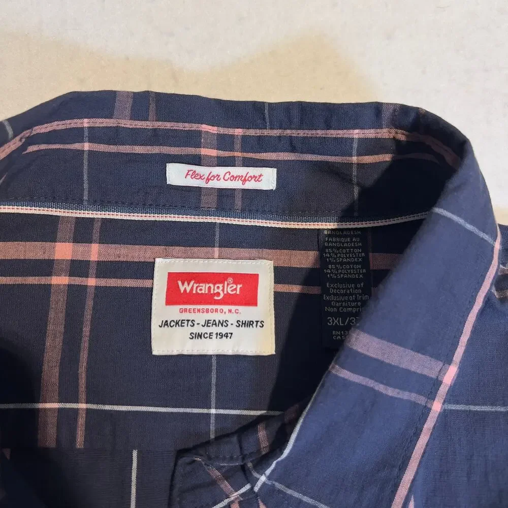 Wrangler Flex for Comfort Button Down Shirt Men 3XL Blue Pink Plaid Long Sleeve